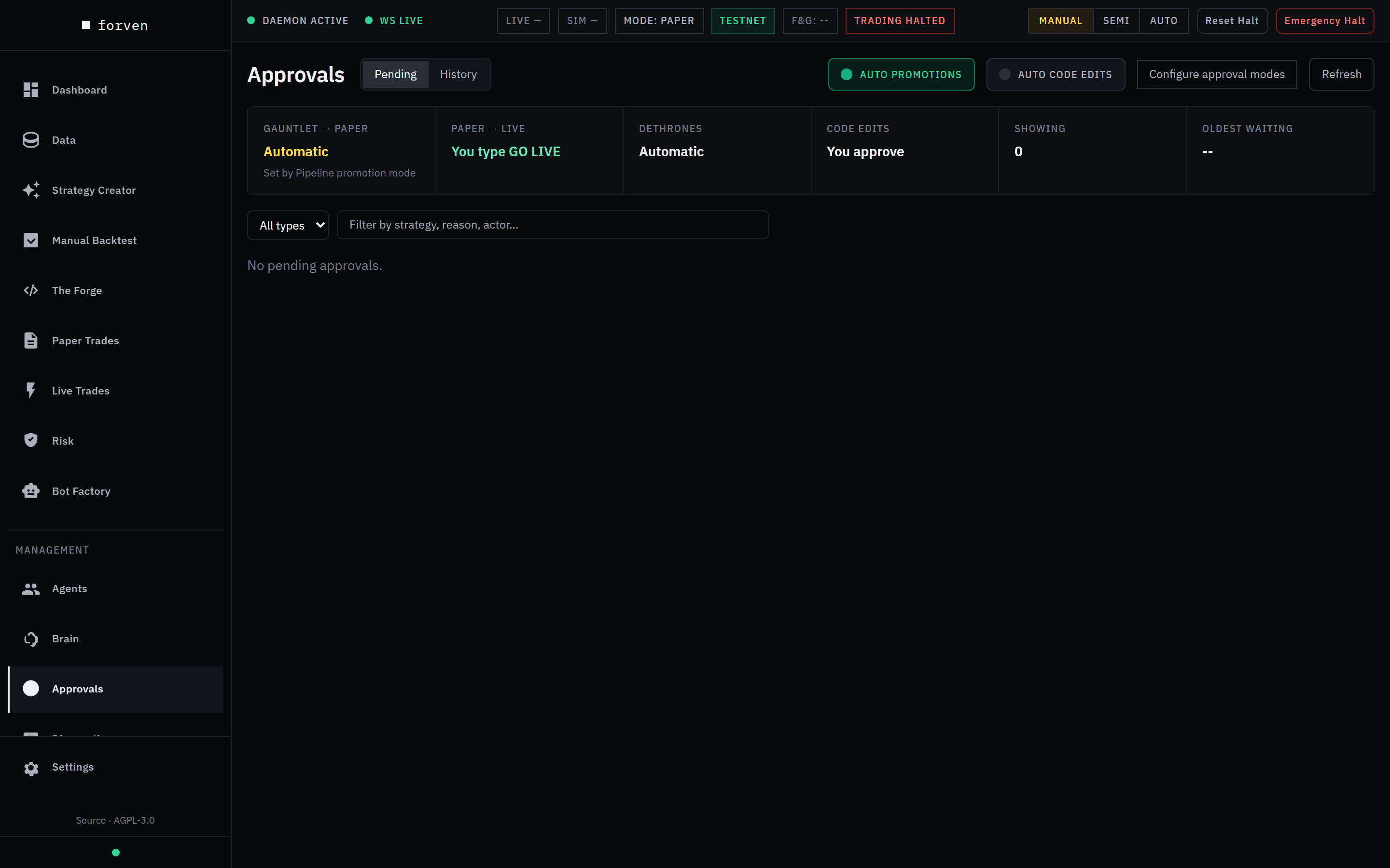 The Approvals page with Pending and History views, the Auto promotions toggle on, Auto code edits off, a Configure approval modes link, and a strip reading Gauntlet → paper Automatic, Paper → live You type GO LIVE, Dethrones Automatic, Code edits You approve.