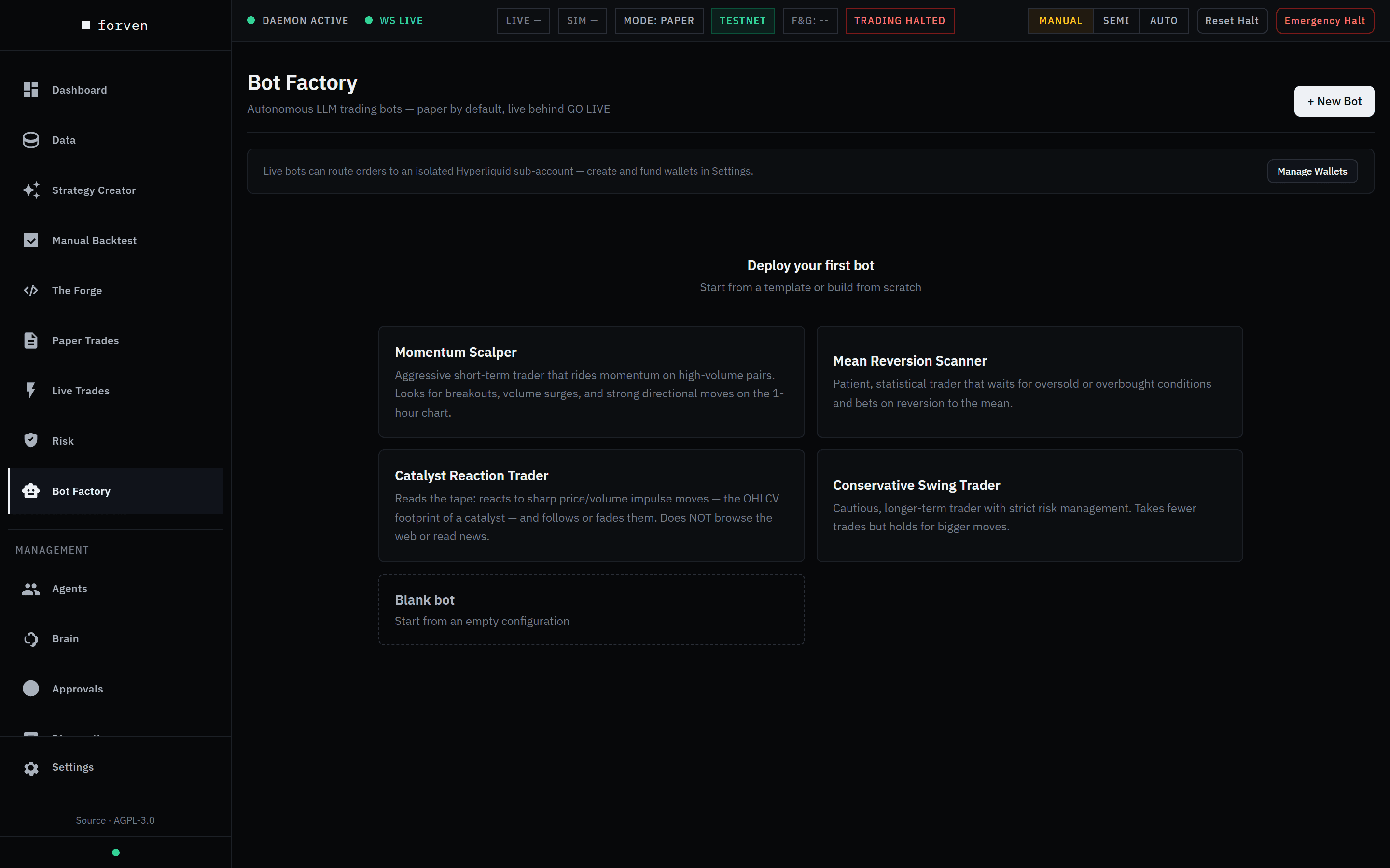 The Bot Factory page with no bots: the + New Bot button, a note that live bots can route orders to an isolated Hyperliquid sub-account with Manage Wallets, and Deploy your first bot with four template cards (Momentum Scalper, Mean Reversion Scanner, Catalyst Reaction Trader, Conservative Swing Trader) and a Blank bot card.