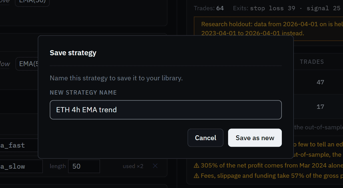 The Save strategy dialog with the name "ETH 4h EMA trend" and the Save as new button.