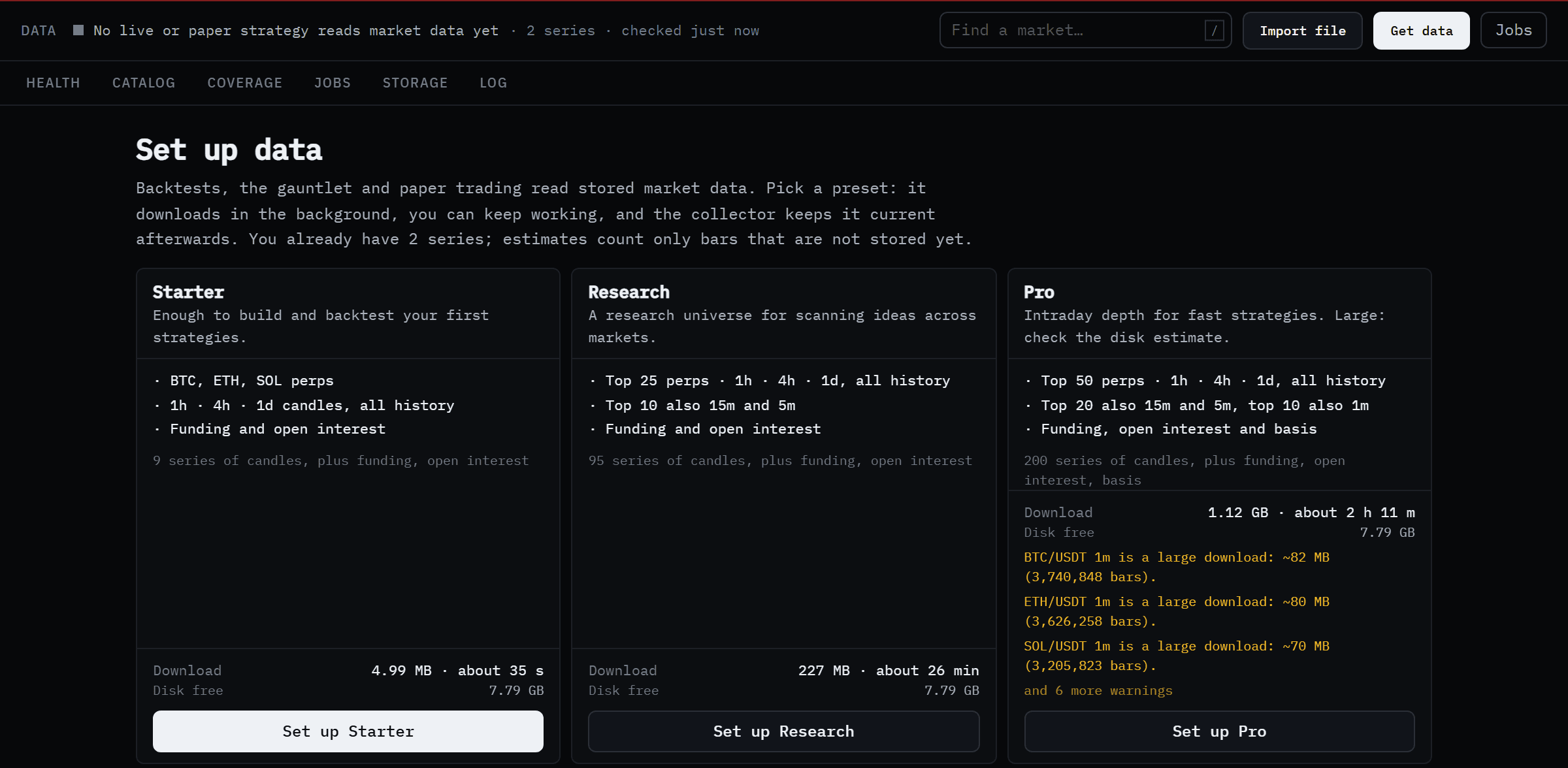 The Set up data page with three preset cards: Starter (BTC, ETH, SOL perps, 1h, 4h and 1d candles, about 5 MB), Research (top 25 perps, 227 MB) and Pro (top 50 perps with intraday depth, 1.12 GB).