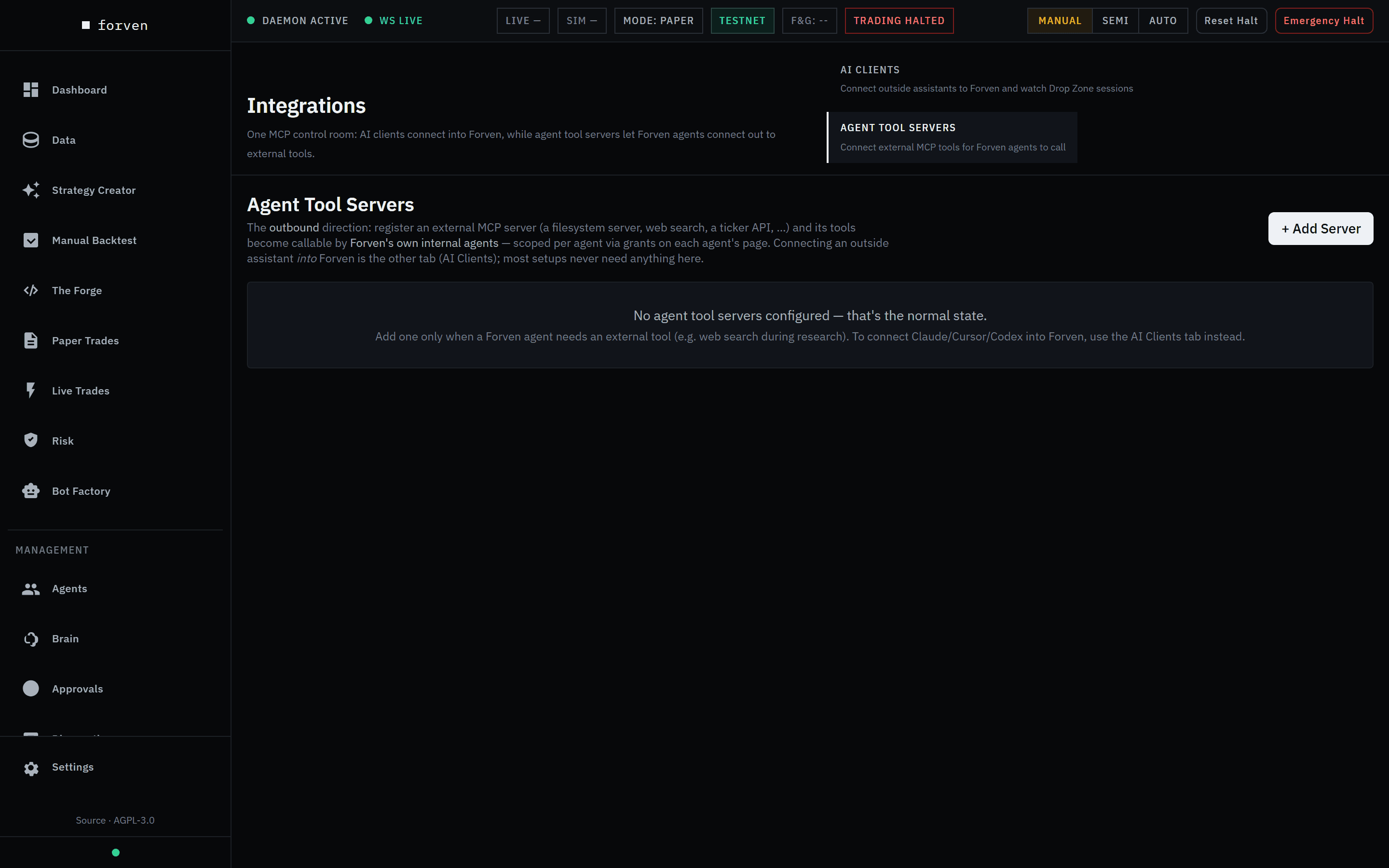 Integrations, Agent Tool Servers tab: the outbound direction explained, a + Add Server button, and the empty state reading No agent tool servers configured — that's the normal state.