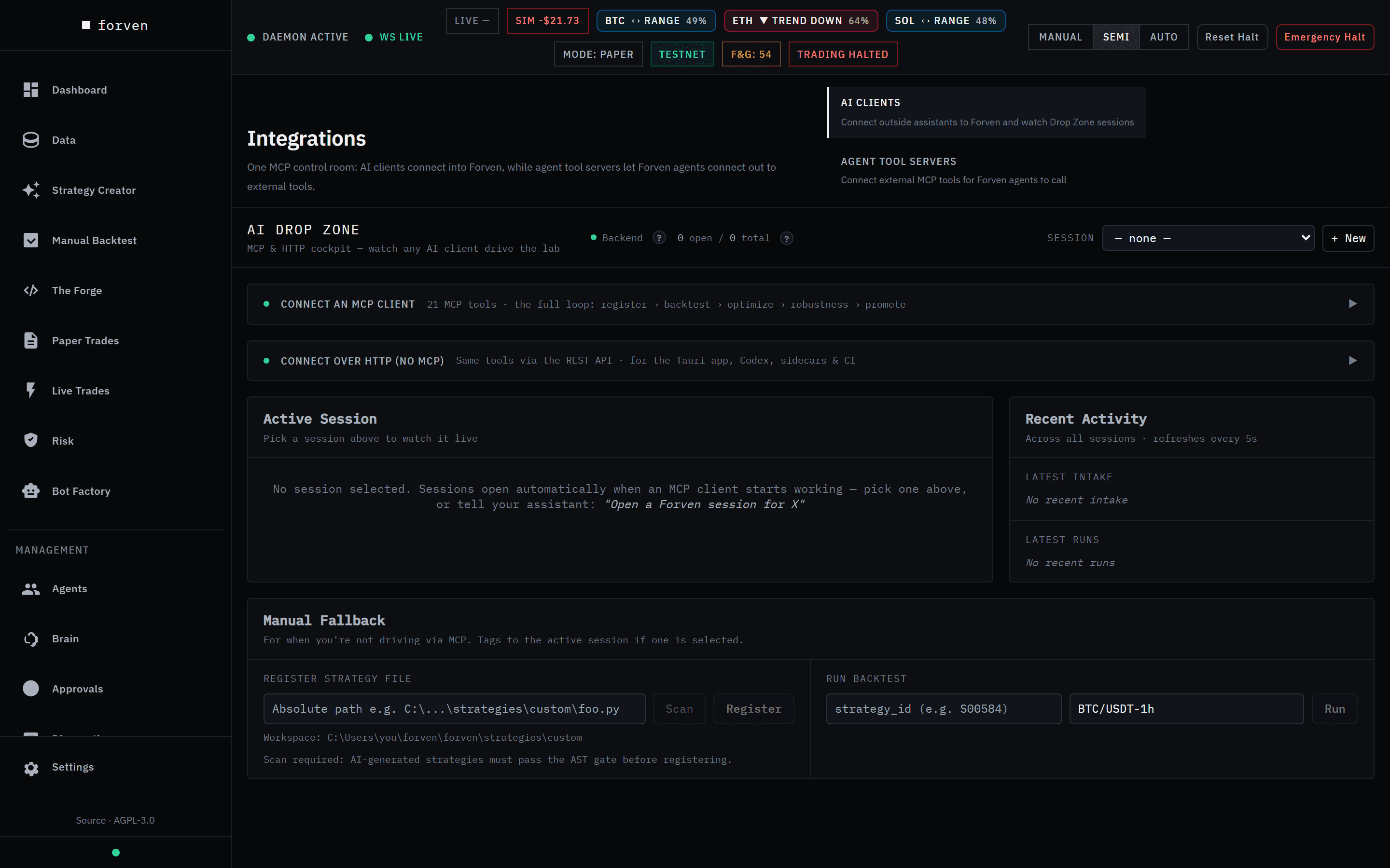 Integrations, AI Clients tab: the AI Drop Zone header with a Backend status dot, 0 open / 0 total sessions and a Session picker with + New; collapsed Connect an MCP client (21 MCP tools) and Connect over HTTP (no MCP) cards; an empty Active Session panel; Recent Activity with no recent intake or runs; and the Manual Fallback forms to register a strategy file or run a backtest.