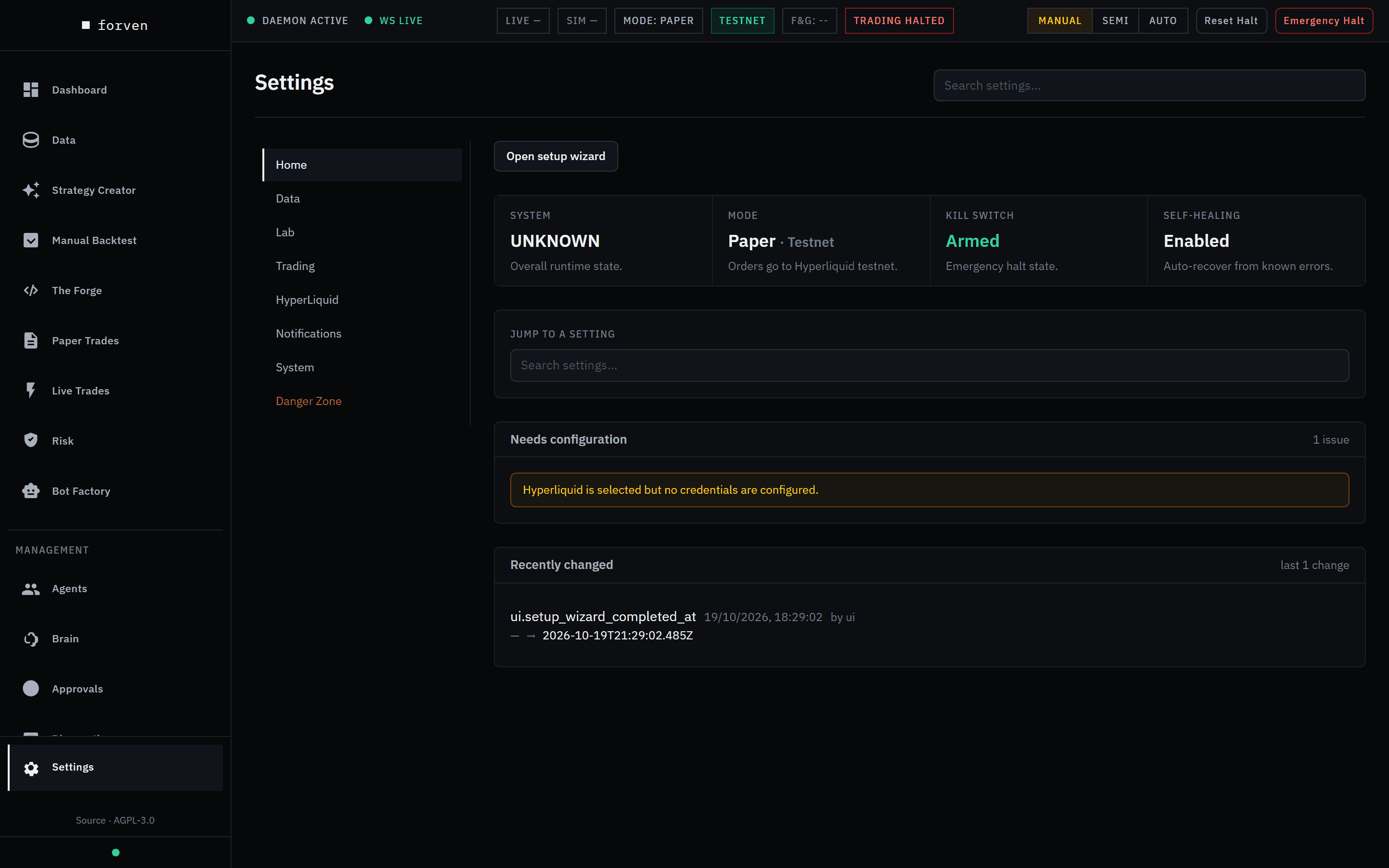 Settings, Home: the area list on the left (Home, Data, Lab, Trading, HyperLiquid, Notifications, System, Danger Zone), the Open setup wizard button, tiles for System, Mode (Paper · Testnet), Kill switch (Armed) and Self-healing (Enabled), Jump to a setting, Needs configuration with one issue, and Recently changed.