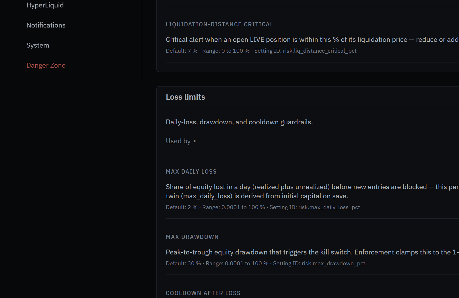 Settings, Trading, Loss limits: Max daily loss 2% and Max drawdown 30%, each with its description, default and allowed range.