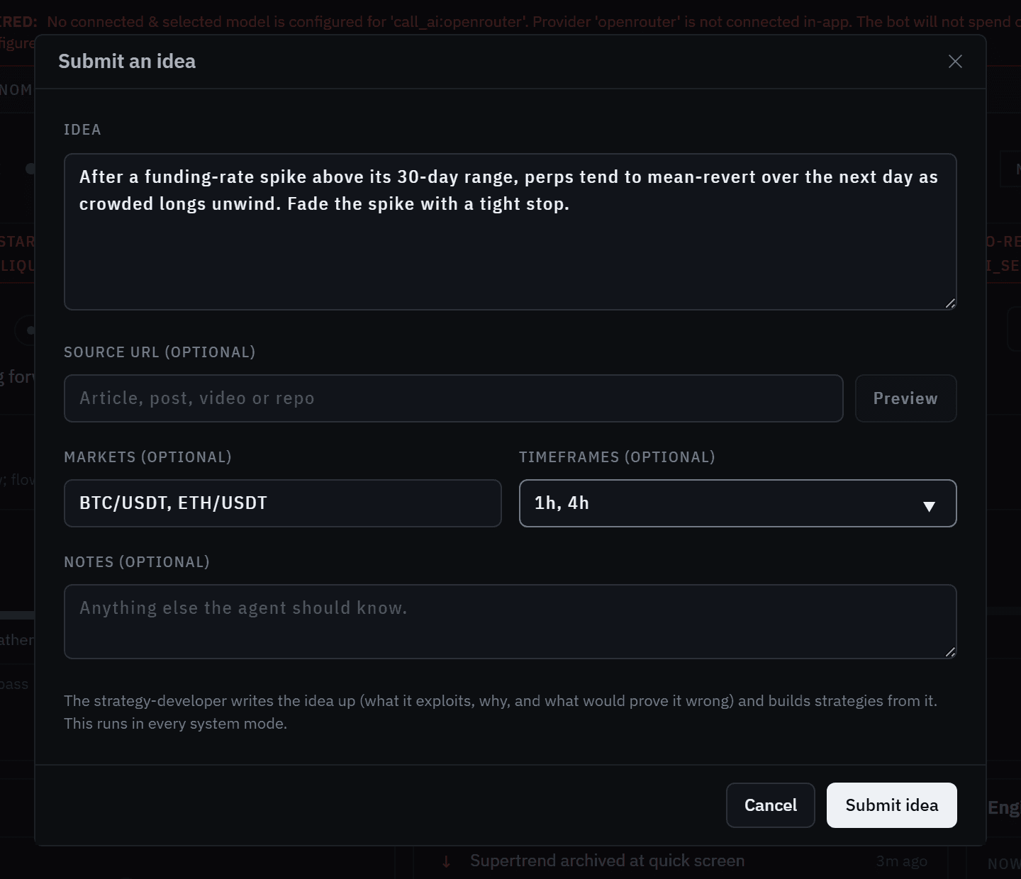 The Submit an idea dialog with an idea about fading funding-rate spikes, markets BTC/USDT and ETH/USDT, timeframes 1h and 4h, and the Submit idea button.