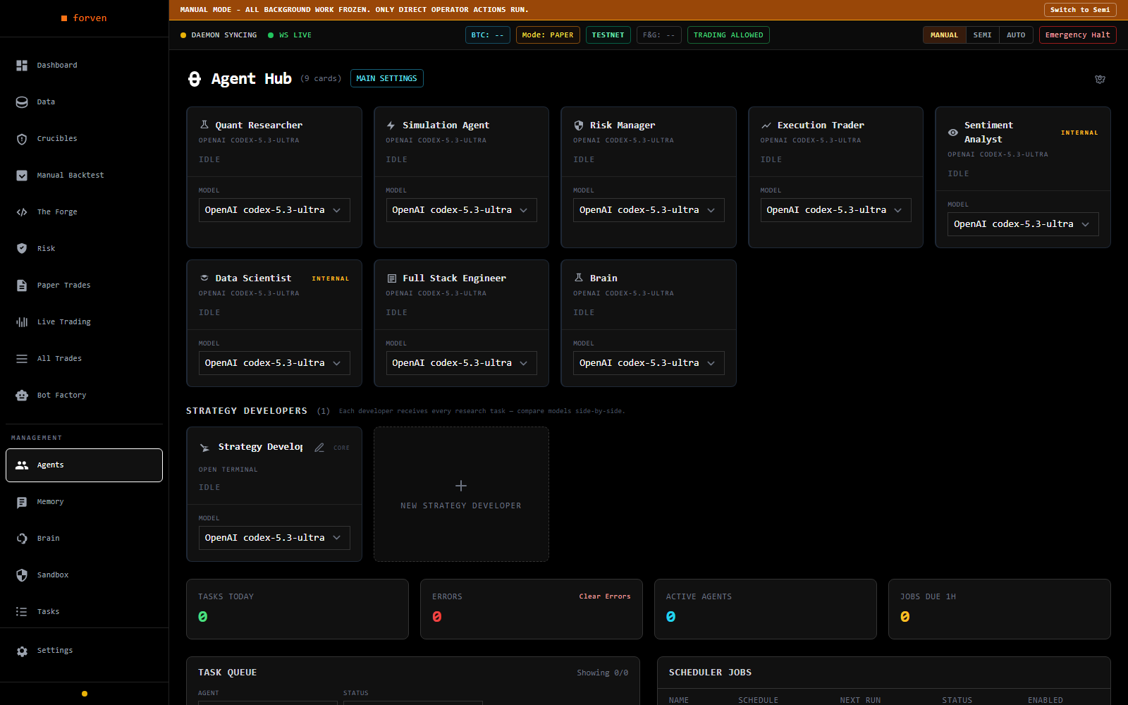 Forven's Agent Hub showing nine specialized agents, each with a selectable model