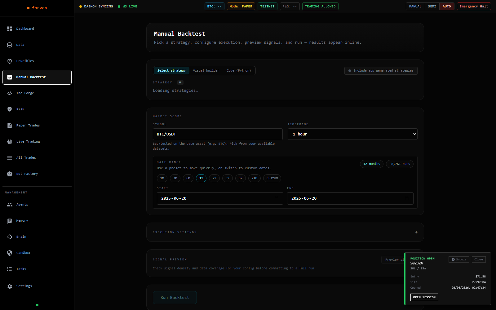 Configuring a backtest in Forven: strategy, symbol, timeframe, and date range